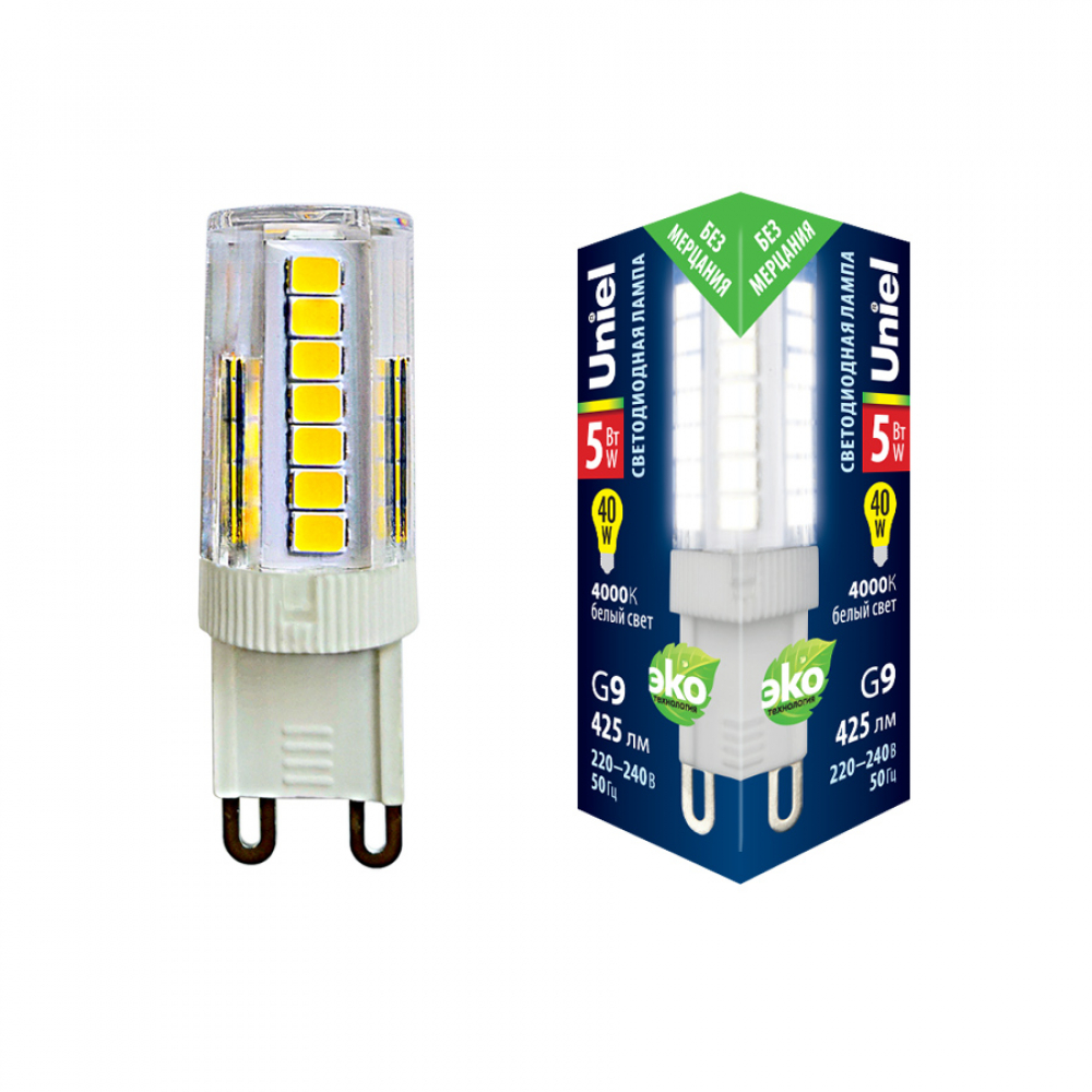 LED-JCD-5W/4000K/G9/CL GLZ09TR Лампа светодиодная, прозрачная. Белый свет (4000К). Картон. ТМ Uniel.